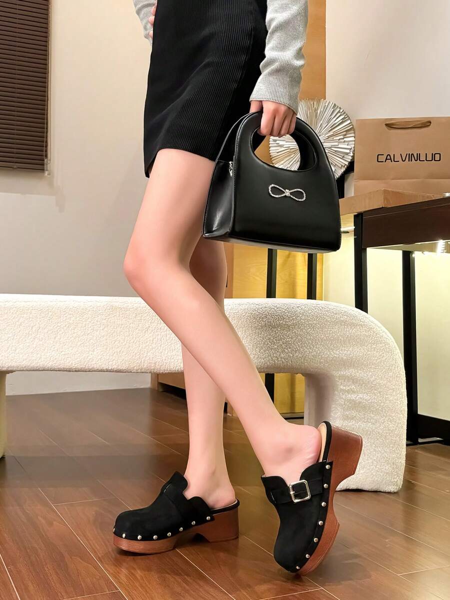 女士绒面革木屐时尚凉鞋 女士夏季凉鞋 - 黑色 - 查看 1