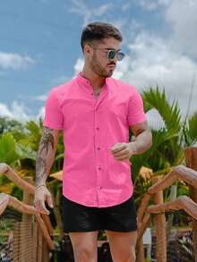 Men's Short-Sleeve Shirt With Mandarin Collar And Linen-Look - Assorted Colors - Comfortable - 粉色 - 查看 2