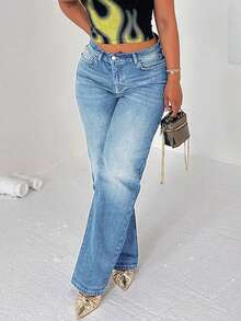 女士直筒水洗牛仔裤，饰有猫须细节，长款休闲无弹力裤 - 中等水洗藍 - 查看 3