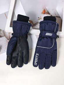 1 双 5-12 岁儿童冬季保暖带内衬户外防风防水防滑滑雪手套 - 藏青 - 查看 3
