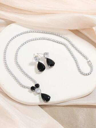 rakol 3件套奢华立方氧化锆水滴形装饰耳环项链套装，适合女士派对佩戴