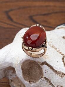 1 chiếc nhẫn vàng cổ điển bản dày đính đá mã não tự nhiên, màu đỏ tía, quà tặng trang sức cho phụ nữ, phong cách retro. - Nhiều màu - Xem 2