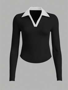 女款秋冬新款休閒運動緊身 Polo 領 V 領無鈕扣長袖上衣，多色，適合戶外休閒、跑步、運動、瑜伽與健身 - 彩色 - 查看 7