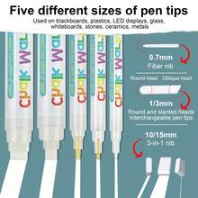 5 buc/set markere profesionale cu cretă lichidă albă, pixuri cu cretă pe bază de apă, fără praf, pentru publicitate, tablă, 5 dimensiuni diferite ale vârfului, utilizare versatilă