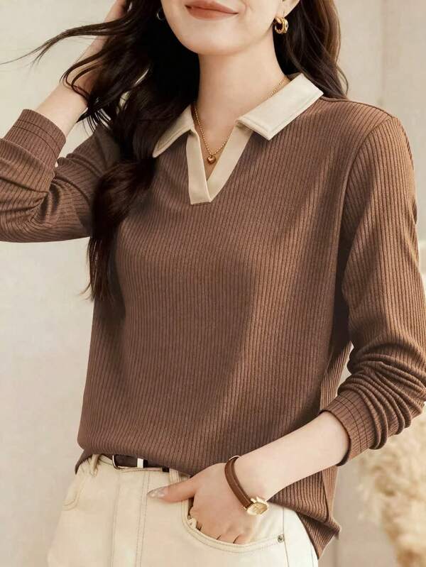 2025 Nueva Camiseta de Manga Larga con Cuello de Polo para Mujer en Otoño, Suéter de Uso Exterior de Moda