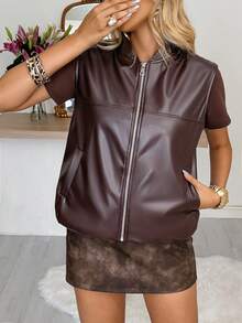 Gilet marron style Old Money décontracté pour femme, printemps/été, Saint-Valentin, style vacances élégant, veste gilet vintage en PU, mode femme pour soirée - Brun - Voir 10