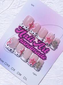 10pcs/Set Handmade Square Nail Tips, Y2K Baddie Style, Nude, White,Pink Color With French Tips & Polka Dot Design, Suitable For Women & Girls, Party, Wedding, Daily Wear, Comes With Tool Kit, Great Gift For Ladies Nails - Black and White - View 3