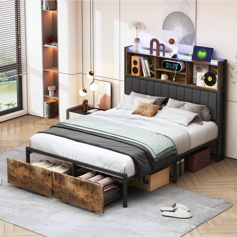 Caluself Double Bed, 160 X 200 Cm, Ironwood Bed Frame With Storage Compartments In The Headboard, Two Drawers In The Footboard, Upholstered Storage Bed, PU Leather Headboard. Functional Bed, Youth Bed With Headboard And Slatted Base, Mattress Not Included. - 黑色 - 查看 1