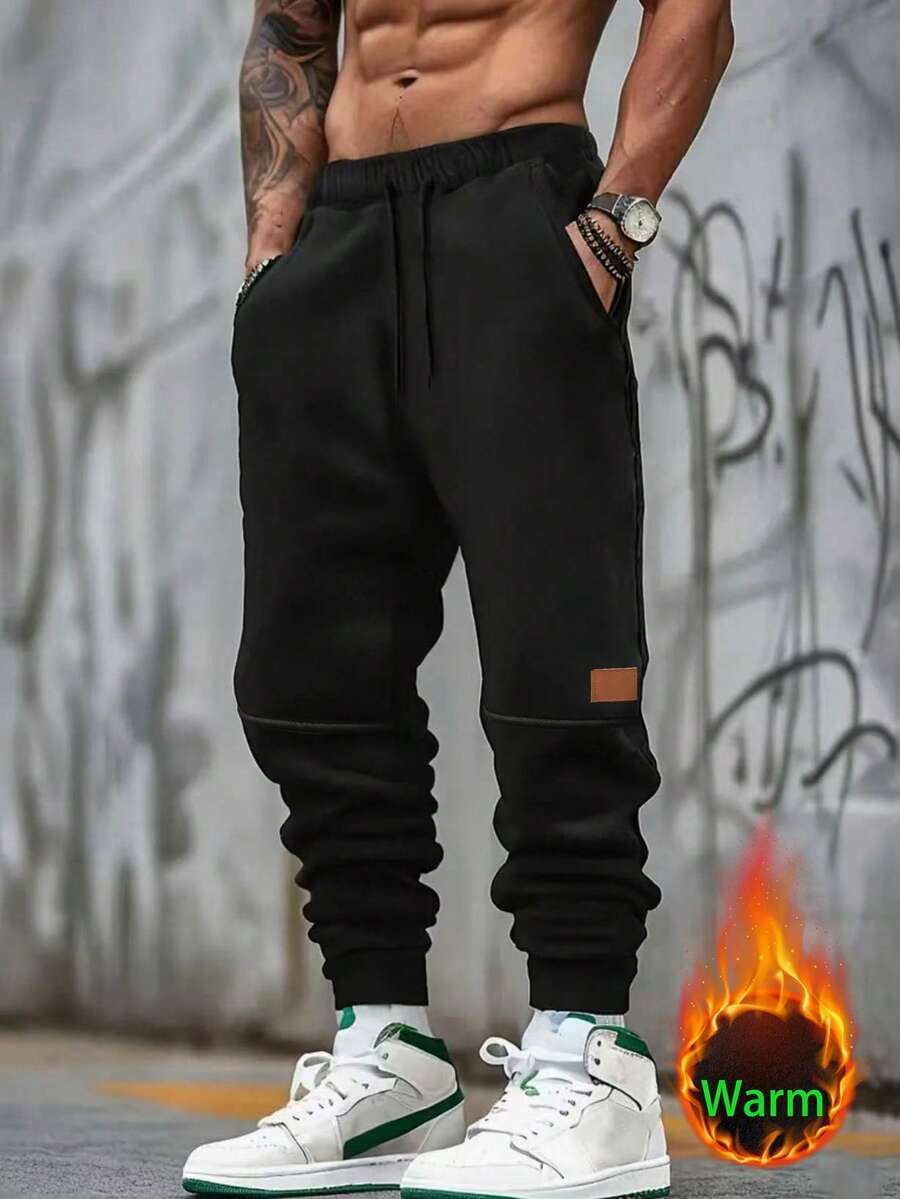 男士休闲弹力腰带保暖内衬慢跑裤，秋冬季保暖 - 黑色 - 查看 1