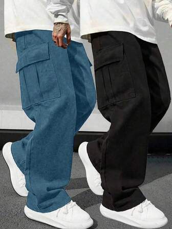 2pcs Boys/Teens Casual Sports Outdoor Cargo Pants With Large Pockets, Spring & Autumn