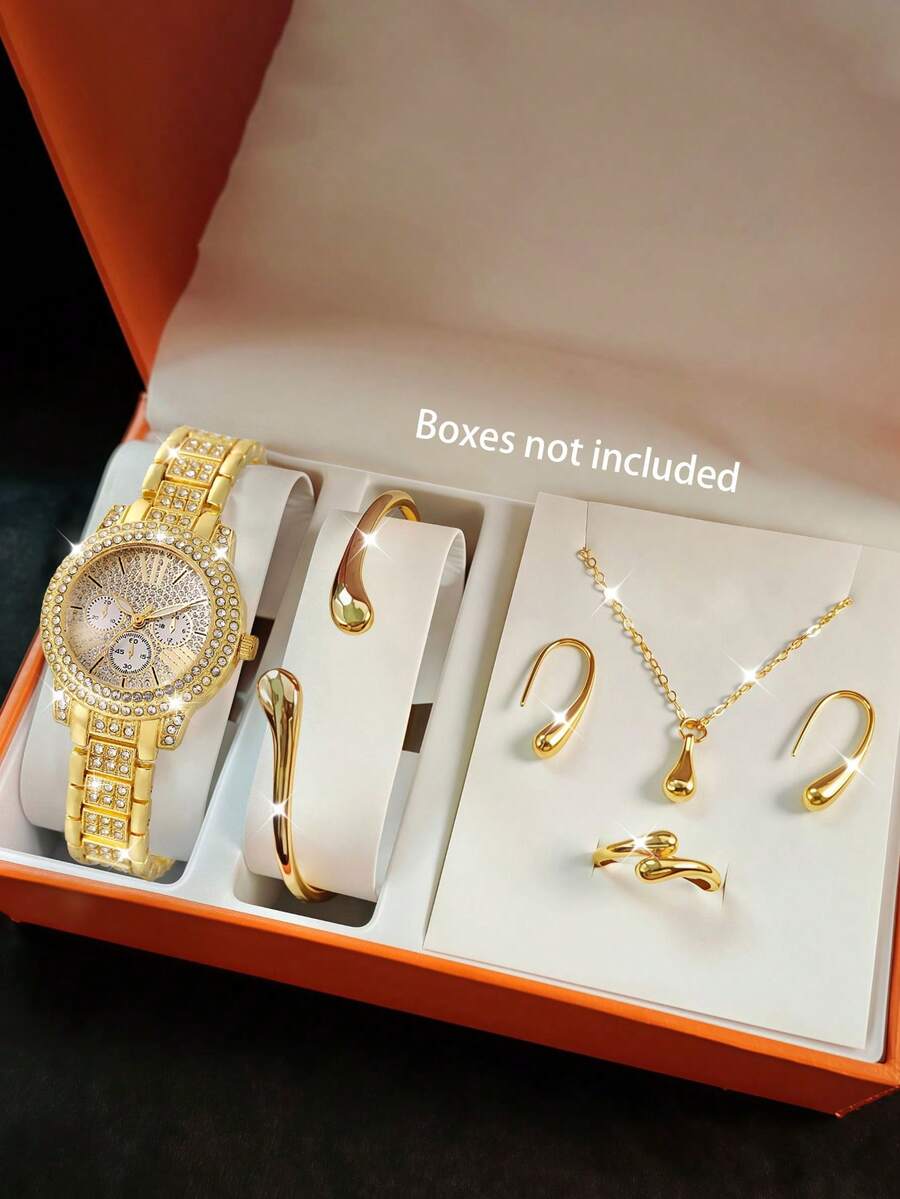 Juego de 6 piezas de joyería para mujer en tono dorado: reloj de cuarzo con rhinestones, pulsera de cadena, collar, aretes, anillo, adecuado para uso diario, viajes, regalo de cumpleaños - Dorado - Ver 1