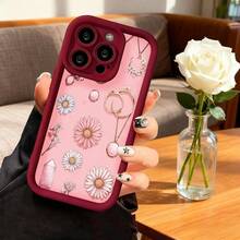 Cubierta de telefono con borde negro rosa con estampado de flores margaritas cristal y joyas para mujer elegante estilo bohemio ideal para uso diario y ocasiones especiales - Burdeos - Ver 7