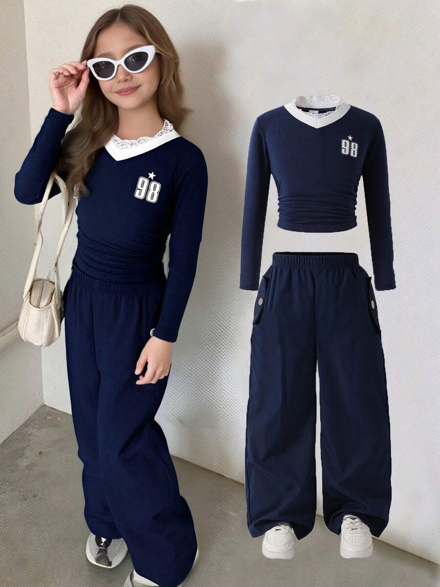 Girls' V-Neck Lace Blouse And Pocket Pants Casual Sports Outfit, Printed Pattern, All Season - Royal Blue - View 1