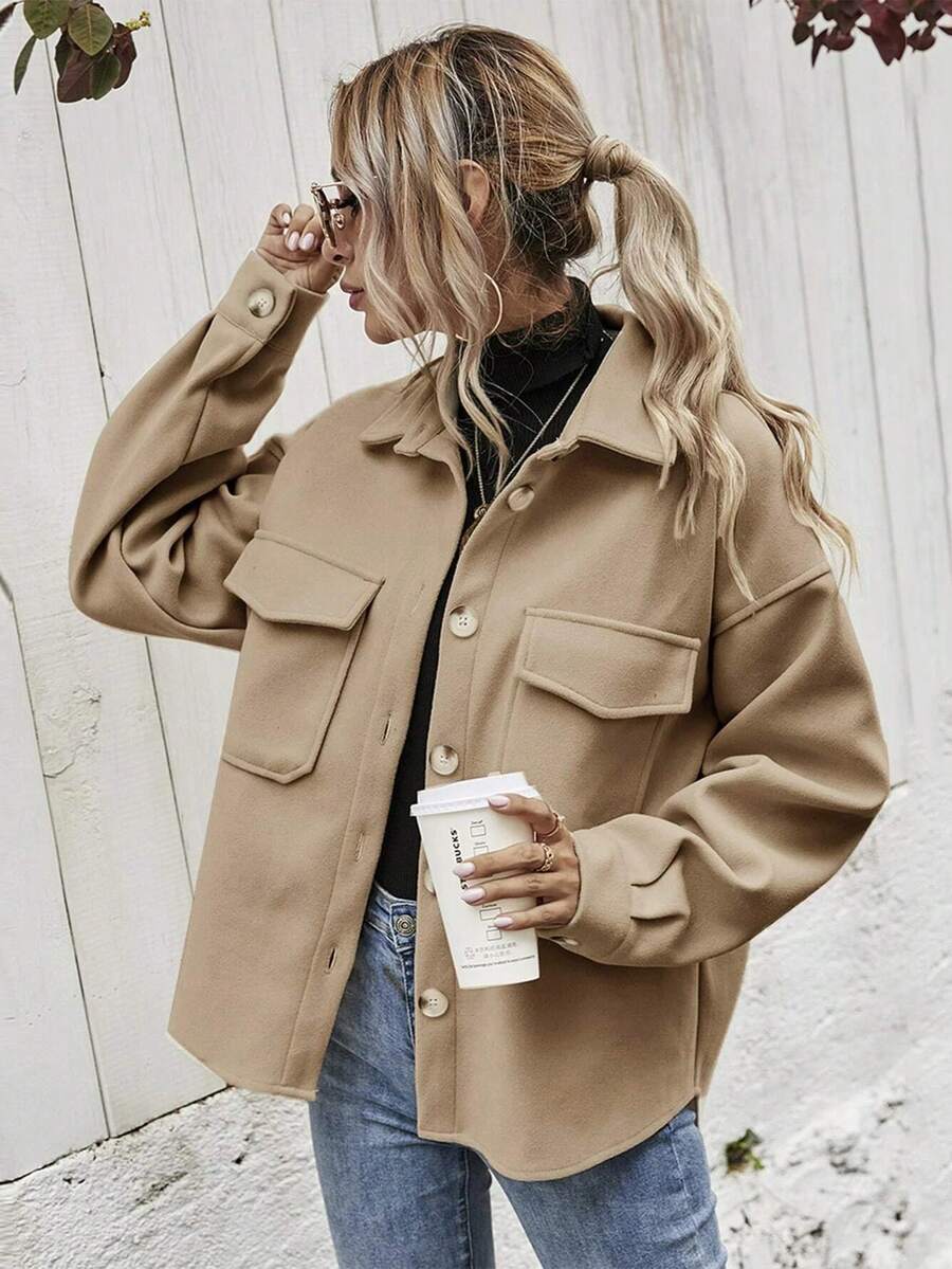 Chaqueta Con Solapa Para Mujer, Chamarra Informales Para Mujer, Con Solapa, Chamarra De Invierno Con Un  Solo Botonadura, Chamarra Cálido - Caqui - Ver 1