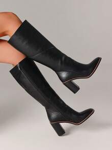 Women's Knee High Boots Fashion Square Toe Block Chunky High Heels Side Zipper Party Dress Shoes Woman - 黑A - 查看 5