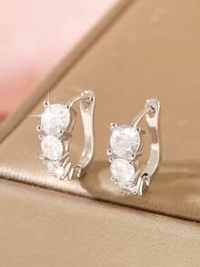 1 Pair Elegant Compact Copper Cubic Zirconia Geometric U-Shaped Hoop Earrings, Versatile Fashion Accessory, Gift For Women - Multicolor - View 21