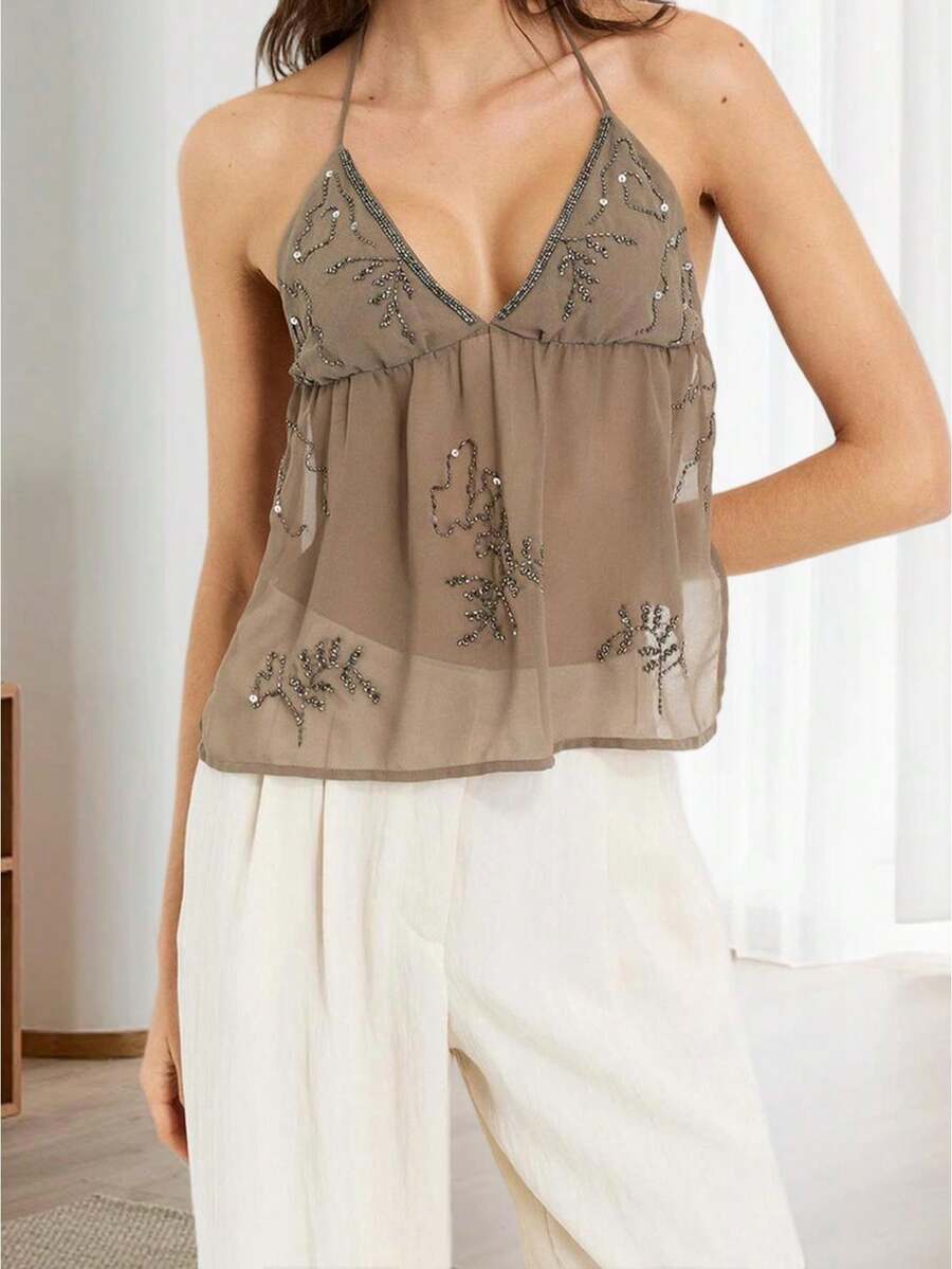 Women Halter Top, Tie-Up Sleeveless Tops Backless Shiny Beaded Summer Vest For Club Party - nâu nhạt - Xem 1