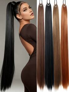 马尾辫延长带发带 18~32 英寸长黑色合成直发辫子马尾辫 DIY 编织适合女性女孩日常派对角色扮演