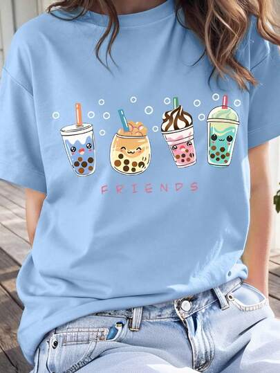 1PC Girls Sweet & Cute Bubble Tea Print Short Sleeve T - Shirt, Comfortable And Breathable, Summer Daily Casual Wear