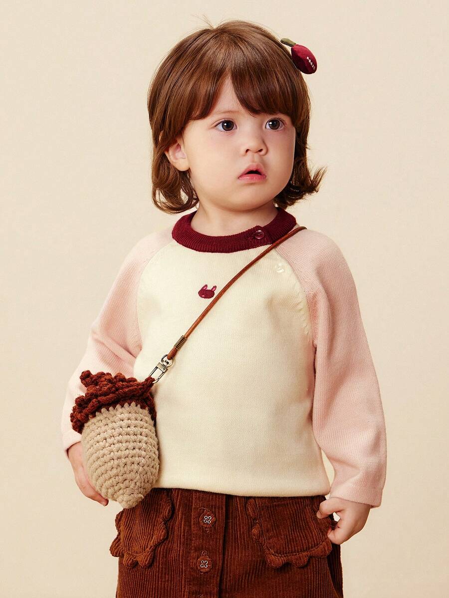 mini bala Baby Girl Knit Sweater 2025 Winter, Raglan Sleeve Warm Pullover, Layering Piece - Pink - View 1