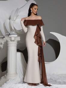 New Sexy Off-Shoulder Ruffle Trim Pleated Flowy Maxi Bodycon Dress, Women Formal Wedding Guest Party Evening Gown - Apricot - View 4