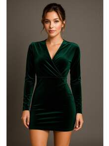 Vestido corto ajustado de terciopelo para mujer, manga larga, cuello V , estilo casual para fiestas y discotecas. - Verde Oscuro - Ver 2