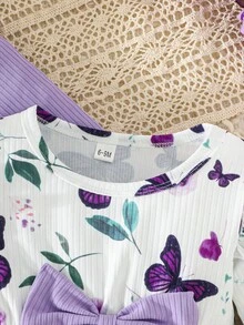 2pcs/Set Baby Girls Minimalist Cute Rose & Butterfly Print Flutter Sleeve Round Neck Dress + Solid Ribbed Dress, Spring/Autumn - Violet Purple - View 6