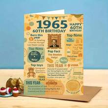 بطاقة تهنئة عيد ميلاد ذكرى 1965 السنة الستين مع مغلف (11سم * 16سم) - "تهانينا بعيد ميلادك الستين، تمنيات رجعية"، مشهد قديم مع أبرز محطات عام 1965، مثالية للعائلة والأصدقاء، مناسبة لاحتفالات عيد الميلاد الستين، بطاقة تهنئة عيد ميلاد | بطاقة رجعية 1965 | بطاقة ورقية