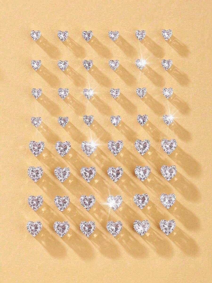 17KM 48/24件套时尚简约优雅可爱心形锆石耳钉套装，适合节日、派对、约会、送礼、日常佩戴