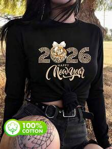 Women's Black 100% Cotton Autumn 2026 Happy New Year Crew Neck Simple Casual Everyday Top, Celebrating The New Year With Printed Pattern, Sparkling Ball And Bow Print Long-Sleeved T-Shirt, Full Of New Year's Atmosphere Printed Long-Sleeved T-Shirt Top - Black - View 2