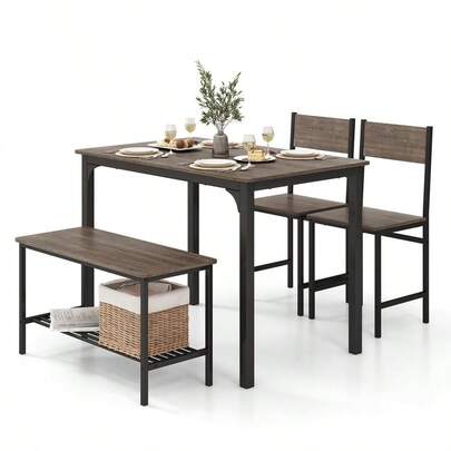 4-Piece Dining Table Set, Kitchen Table With 2 Chairs &Amp; A Bench, Space-Saving Dinner Table Set With Storage Shelf...