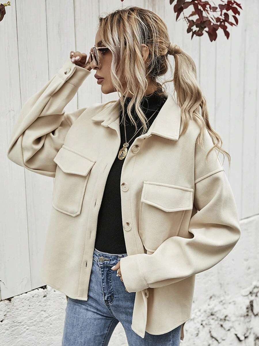 Chaqueta Mujer con Solapa, Chamarra Informal Cálida para Invierno, Un Solo Botonadura - Albaricoque - Ver 1