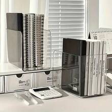 2pcs Transparent Multi-Compartment Desktop Bookshelf Storage Box, Transparent File Rack, Acrylic Desktop Bookshelf, Office Organization Supplies. Made Of Acrylic Material, Clear And Organized, Suitable For Storing Documents And Stationery At Home Or In The Office. Ideal For Students And Office Workers, It Belongs To The Category Of Office Storage Products. - 透明 - 查看 3