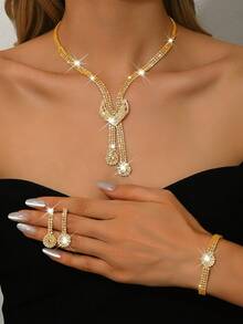 4pcs Women Jewelry Set, Including Necklace, Earrings, Bracelet, Diamond Shape Design, Suitable For Party, Bride, Thanksgiving Theme - Gold - View 3
