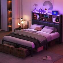 Caluself Double Bed, 160 X 200 Cm, Ironwood Bed Frame With Storage Compartments In The Headboard, Two Drawers In The Footboard, Upholstered Storage Bed, PU Leather Headboard. Functional Bed, Youth Bed With Headboard And Slatted Base, Mattress Not Included. - 黑色 - 查看 3