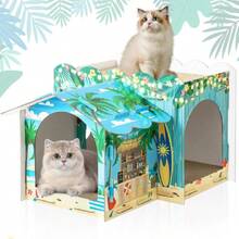 Multi Level Cardboard Cat House With Scratchers Large Sturdy Cat Villa 17"X12"X10" Cute Pet Play Condo Beds Toys Hideout For Bunny Small Animals Birthday Christmas(Hawaii Beach),28012485 - 淺灰色 - 查看 1