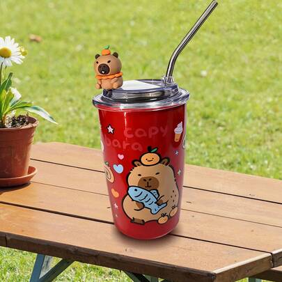 Vaso Capibara de Acero Inoxidable con Pajita y Tapa Transparente