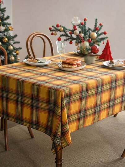 1枚 黄緑チェック柄 織りテーブルクロス、ビンテージカントリースタイル ホームキッチンデコレーション用、長方形ダイニングテーブルカバー、コーヒーテーブル、TVボード、玄関、ダイニングルーム、リビングルーム、ホリデーパーティー、誕生日会、ディナー、秋のインテリアに適しています