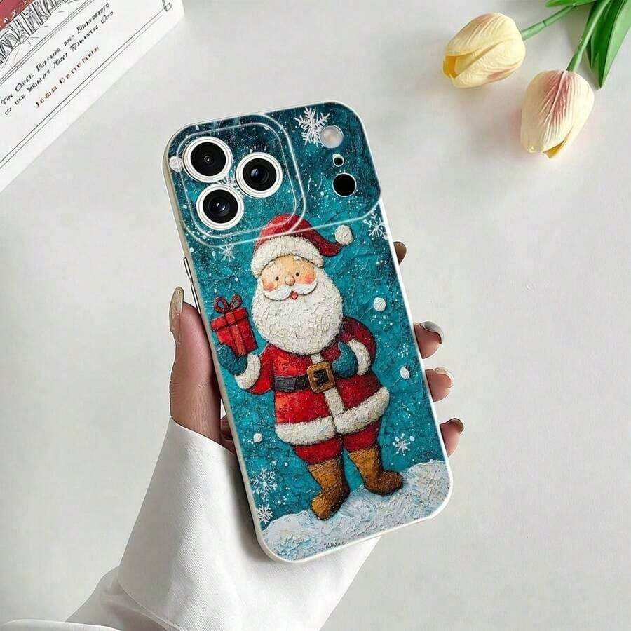 Funda para phone 17 Pro con diseño de Papá Noel de dibujos animados. Silicona mate microporosa. Compatible con phone 17, 16, 15, 14, 13, 12, 11 Pro y Plus. Agarre cómodo, resistente a arañazos. Diseño navideño con estampado de Papá Noel. Color rojo. - Blanco - Ver 1