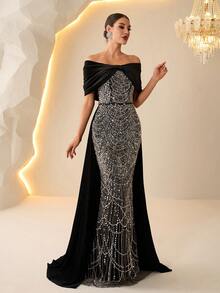 Women's Luxury Evening Dress, Elegant Off Shoulder Velvet Gown With Beaded Embellishment, Trailing Hem, Suitable For Formal Parties And Galas, Autumn/Winter - màu đen - Xem 6