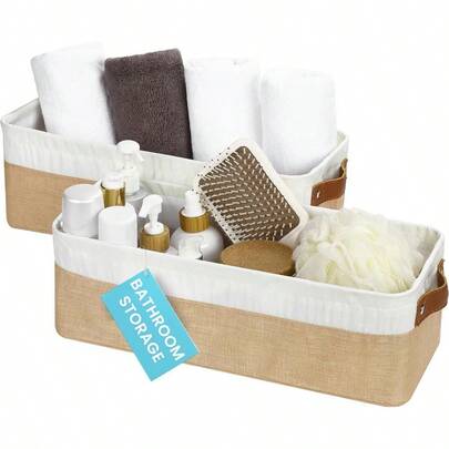 Narrow Storage Bins 15x06in Small Closet Bins For Shelves Bathroom Storage Baskets For Shelves Narrow Baskets Fabric Organizer With Handles Toilet Paper Organizer - 2 Pack Beige
