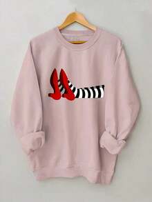 Women's Red & Black Striped Iconic High-Heel Shoe Print Sweatshirt - Wizard Of Oz Inspired Casual Crewneck Sweater, Machine Washable Long Sleeve Blouse For Halloween Costumes & Casual Attire, Sweaters For Women, Halloween Sweater, Sweatshirt For Women, Halloween Sweaters For Women, Fall Clothes For Women, Womens Tops, Women Clothes, Sweatshirt WomenWomen's Crew Neck Sweatshirt, New Autumn/Winter Arrival For Everyday Casual Wear Unisex Plus Size Sweatshirts - 黑色 - 查看 10