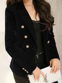 Women's Elegant Commuter Velvet Double-Breasted Long Sleeve Blazer, Autumn/Winter - Black - View 3