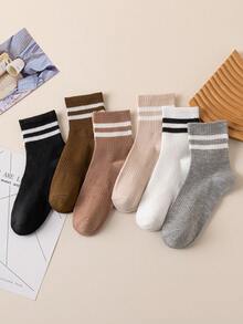 6 Pairs Women's Striped Business & Casual Socks With Elastic Band, Soft, Comfortable, Fashionable & Elegant Mid-Calf Socks For Daily Wear