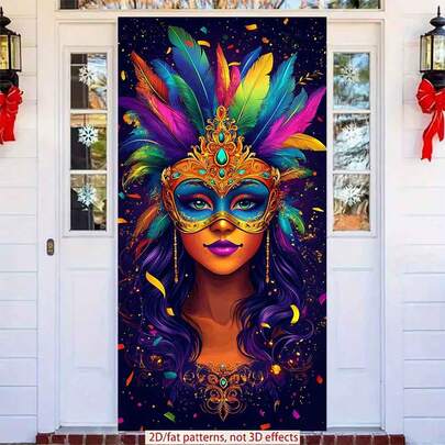 2D平面门帘，1件装，色彩鲜艳的化装舞会面具图案，饰以彩色羽毛和精致金色细节，是嘉年华派对背景、房间和家居装饰、节日墙面艺术的完美之选 | 色彩鲜艳的设计 | 耐用的派对横幅，派对装饰品