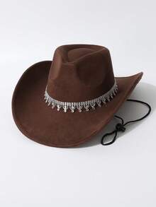 1顶男女通用高品质水钻帽带装饰宽檐帽，西部牛仔风格，时尚简约软呢帽，适合日常佩戴、派对、西部主题活动、聚会、角色扮演、毕业典礼、化装舞会、节日、生日、音乐会等场合。 - A - 查看 10