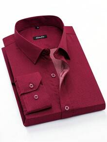 Men's Long-Sleeved Checkered Shirt, Thin Fabric, No Pockets, Imported - 酒紅色 - 查看 1