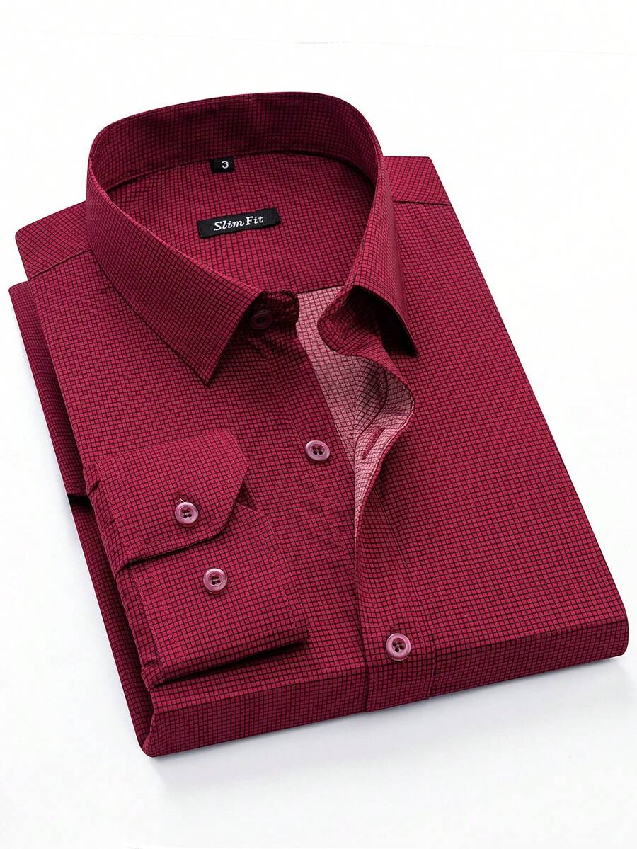 Men's Long-Sleeved Checkered Shirt, Thin Fabric, No Pockets, Imported - 酒紅色 - 查看 1