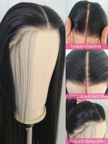 24'' Straight Long Black Synthetic Fiber Hairpiece With Free-style Synthetic Lace Front Wig Cap, Suitable For Daily Wear - Black - View 2