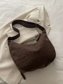 Fashionable Leopard Print Matte Shoulder Bag, Casual Minimalist College Style Wide Strap Crossbody Bag With Multiple Zipper Designs, Suitable For Students, Commuting, Shopping, Daily Use - Brown - View 10